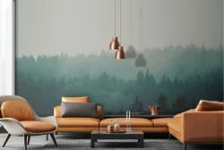 Green forest landscape nature wallpaper with fog