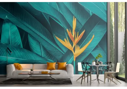 Carta da Parati foglie tropicali fiore arancione 2