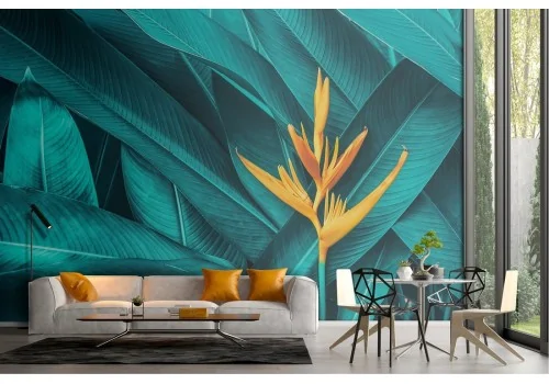 Carta da Parati foglie tropicali fiore arancione 2