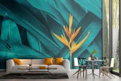 Carta da Parati foglie tropicali fiore arancione