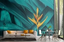 Tropical leaves wallpaper orange flower