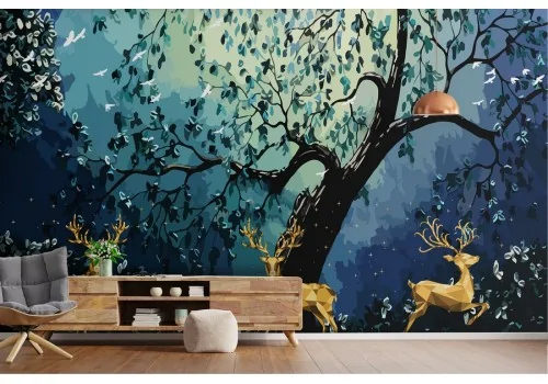 Wallpaper forest with reindeer abstract night landscape