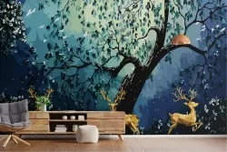 Carta da Parati bosco con renne paesaggio astratto notte