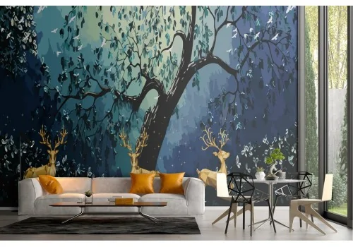 Forest wallpaper with reindeer abstract night landscape 2