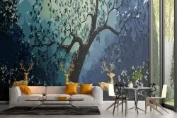 Forest wallpaper with reindeer abstract night landscape