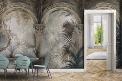 Carta da Parati fiori tropicali e dettagli muratura marmo-0259