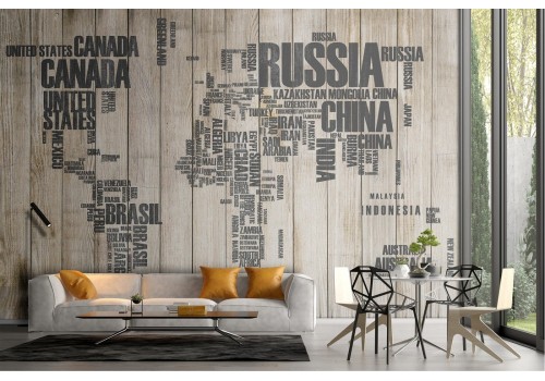 Stylized world map wallpaper with state names on wood