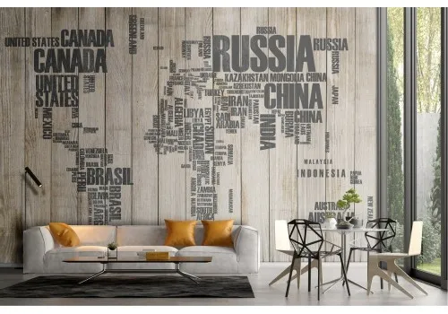 Stylized world map wallpaper with state names on wood