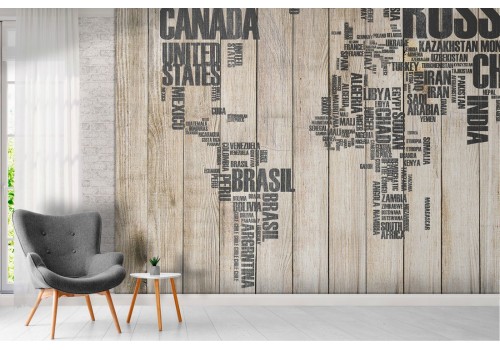 Stylized world map wallpaper with state names on wood 2