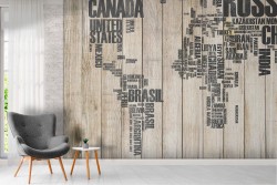 Carta da Parati mappamondo stilizzato scritte stati su legno
