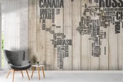 Stylized world map wallpaper with state names on wood