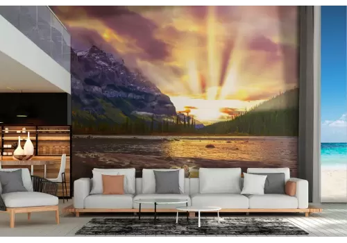 Carta da Parati lago tra montagne con foresta paesaggio