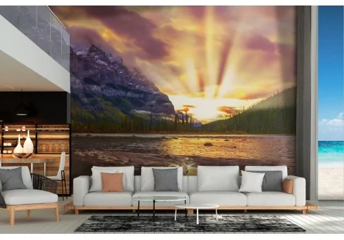 Wallpaper lake between mountains with forest landscape