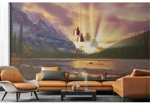 Carta da Parati lago tra montagne con foresta paesaggio 2