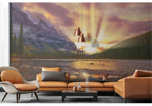 Wallpaper lake among mountains with forest landscape 2