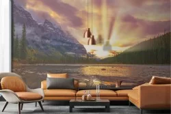 Wallpaper lake among mountains with forest landscape