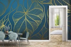 Carta da Parati foglie tropicali stilizzate bordo oro luxury