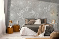 Carta da Parati fiori e foglie natura grigio vintage-0126