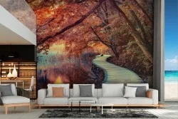 Carta da Parati viale nella foresta paesaggio con lago