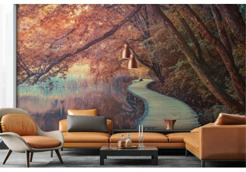 Wallpaper avenue in the forest landscape with lake 2