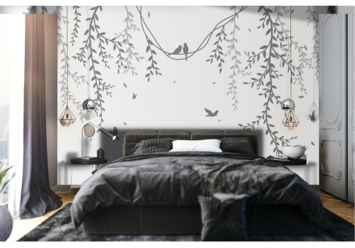 Wallpaper climbing leaves and little birds nature