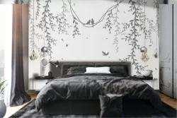 Wallpaper climbing leaves and little birds nature