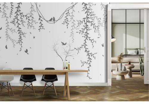 Wallpaper climbing leaves and little birds nature 2