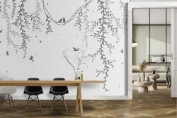 Wallpaper climbing leaves and little birds nature