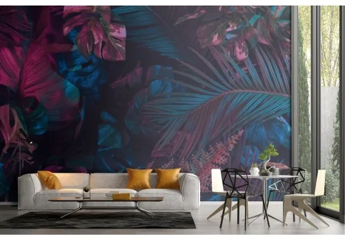 Tropical leaves nature modern neon wallpaper