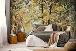 Wallpaper painted autumn forest yellow trees-0217