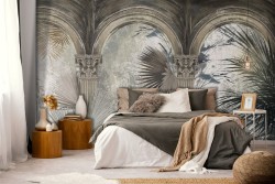 Carta da Parati fiori tropicali e dettagli muratura marmo-0259