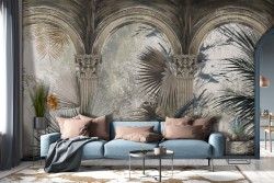 Carta da Parati fiori tropicali e dettagli muratura marmo-0259