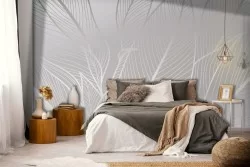 Wallpaper stylized leaves white and silver-0356