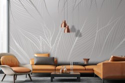 Wallpaper stylized leaves white and silver-0356