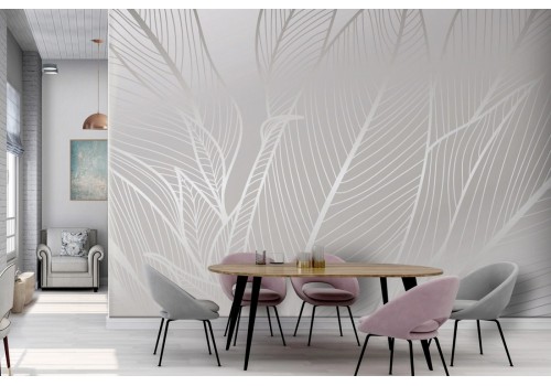 Wallpaper stylized leaves white and silver-0356
