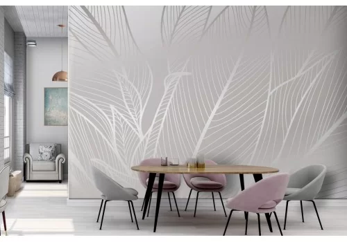 Wallpaper stylized leaves white and silver-0356