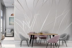 Wallpaper stylized leaves white and silver-0356