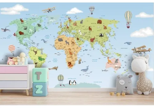 Children's world map wallpaper with animals and wall stickers 2