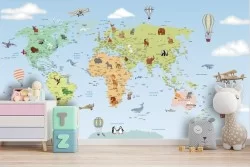 Children's world map wallpaper with animals and wall stickers