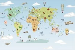 Children's world map wallpaper with animals and wall stickers