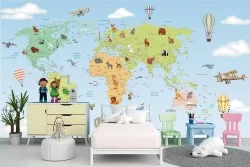 Children's world map wallpaper with animals and wall stickers