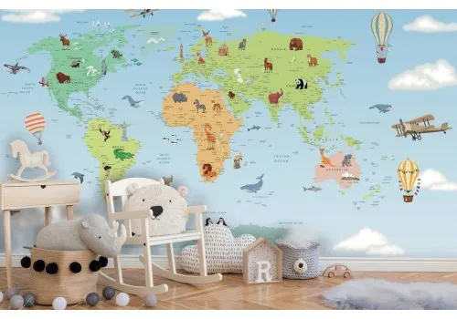 Carta da parati mappamondo per bambini con animali e adesivi murali