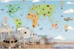 Children's world map wallpaper with animals and wall stickers