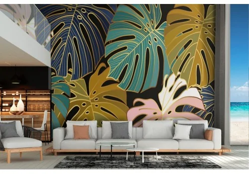 Wallpaper with stylized tropical leaves in extravagant colors