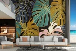 Carta da Parati foglie tropicali stilizzate colori stravaganti