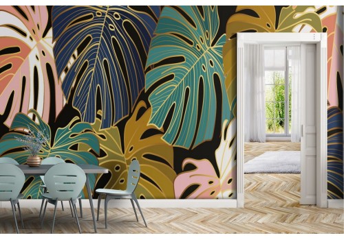 Tropical leaves stylized wallpaper in extravagant colors 2