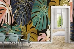 Tropical leaves stylized wallpaper in extravagant colors