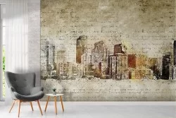 Vintage stylized city painted wallpaper