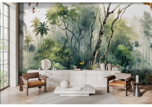 Tropical Pictorial Painted Wallpaper