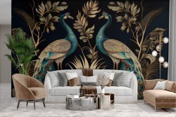 Vintage Peacocks Gold Adhesive Wallpaper